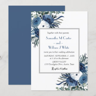 Invitación Azul Floral Polvoriento Rústico Eucalipto Acuarela