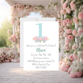 Invitación Azul floral, rosa pastel fiesta de cumpleaños 1.ᵉʳ
