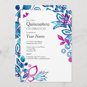 Invitación Azul, floral rosa Quinceañera