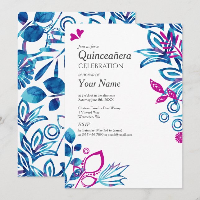 Invitación Azul, floral rosa Quinceañera (Anverso / Reverso)