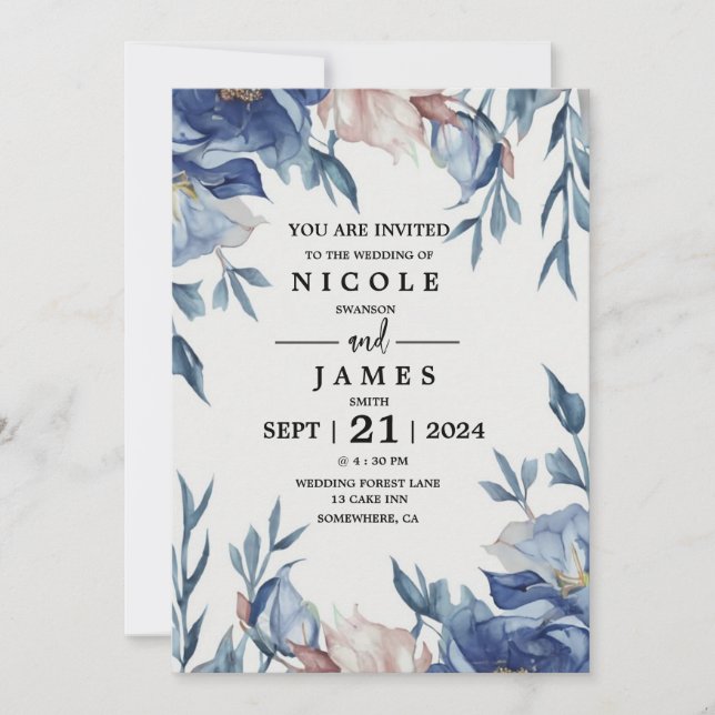 Invitación Azul Floral Suave Acuarela (Anverso)