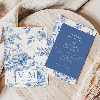 Invitación Azul Floral Toile De Jouy Blanco