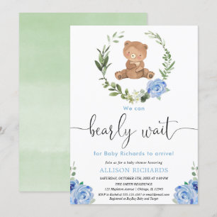 Invitación Azul floral vegetación osito de peluche niño ducha