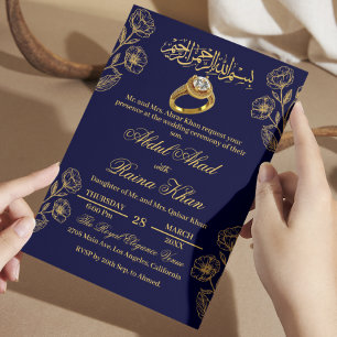 Invitación Azul Floral y Dorado Compromiso Musulmán Islámico
