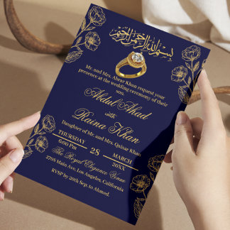 Invitación Azul Floral y Dorado Compromiso Musulmán Islámico