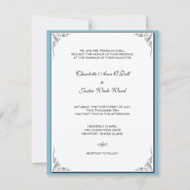 Invitación azul floreciente;boda (Anverso)