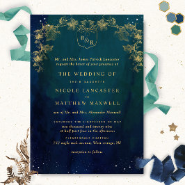 Invitación Azul formal, Boda de monograma celeste verde marin