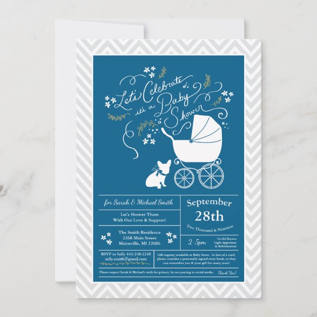 Invitación Azul francés Bulldog Baby Shower francés (Anverso)