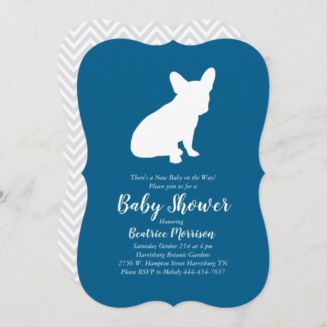 Invitación Azul francés Bulldog Baby Shower francés francés (Anverso / Reverso)