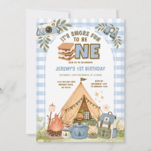 Invitación Azul gingham Diversión de S'more para ser uno Cump