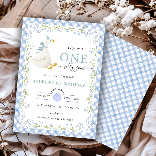 Invitación Azul Gingham Floral Un Ganso Tonto Cumpleaños 1 (Subido por el creador)