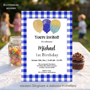 Invitación Azul Gingham, Globos de Fiesta Cumpleaños 1