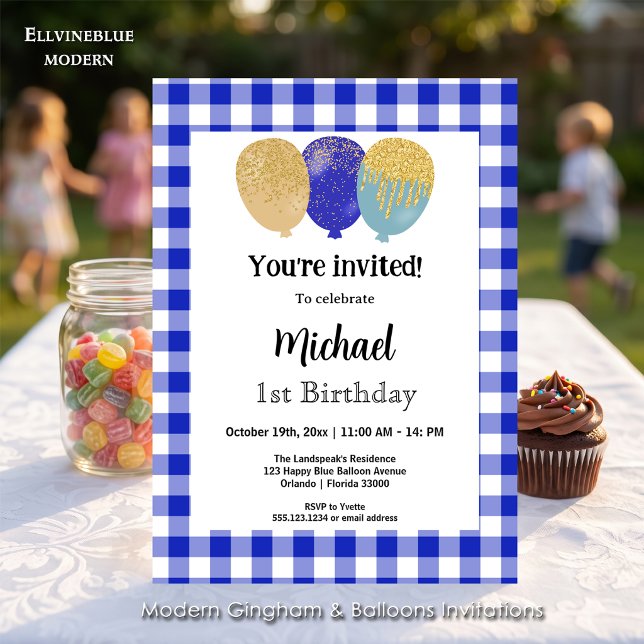 Invitación Azul Gingham, Globos de Fiesta Cumpleaños 1 (Blue gingham balloon invitations! For 1st Birthday or any birthday. Size 5” x 7”.)