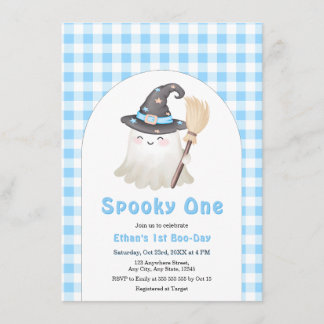 Invitación Azul Gingham Lindo Espeluznante Cumpleaños de Hall