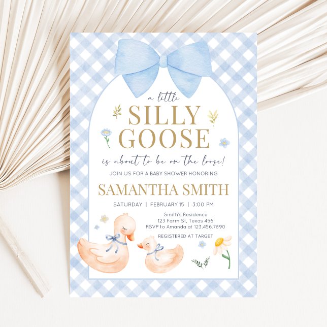 Invitación Azul Gingham Silly Goose Baby Shower (Little Silly Goose Baby Shower Invitation)
