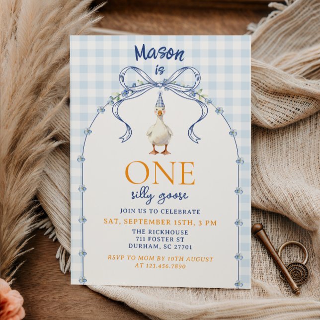 Invitación Azul Gingham Silly Goose Primer Cumpleaños Lindo G (Subido por el creador)