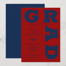 Invitación Azul GRAD sobre graduación roja oscura