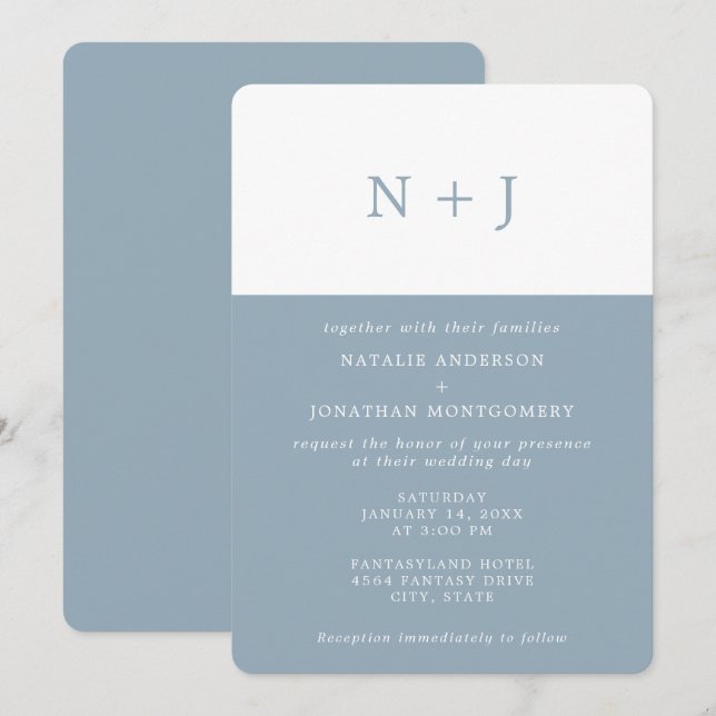 Invitación azul gris Sencillo elegante clásico Boda mínimo (Anverso / Reverso)