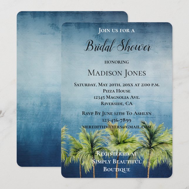 Invitación Azul gris tropical palmeras palmeras duchas de nov (Anverso / Reverso)