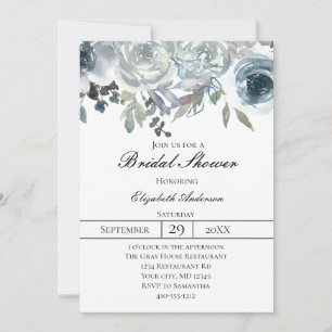 Invitación Azul Gris Verde Elegante Floral Acuarela Nupcial  