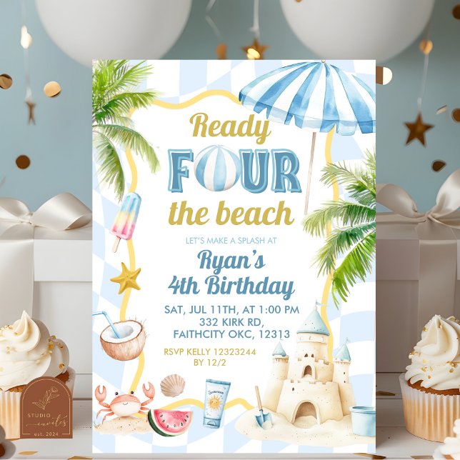 Invitación Azul Groovy Listo CUATRO la Playa Cumpleaños 4 (Subido por el creador)