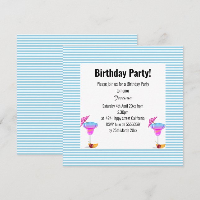 INVITACIÓN AZUL HAWAIAN FRACASÓ TEMA DEL PARTIDO DE CUMPLEAÑO (Anverso / Reverso)