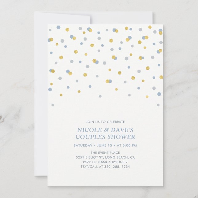 Invitación Azul, Hexagón de oro Parejas Confetti Ducha de mat (Anverso)