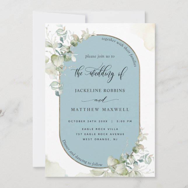 Invitación Azul húmedo, Arco de Oval Eucalyptus, Boda de Verd (Anverso)