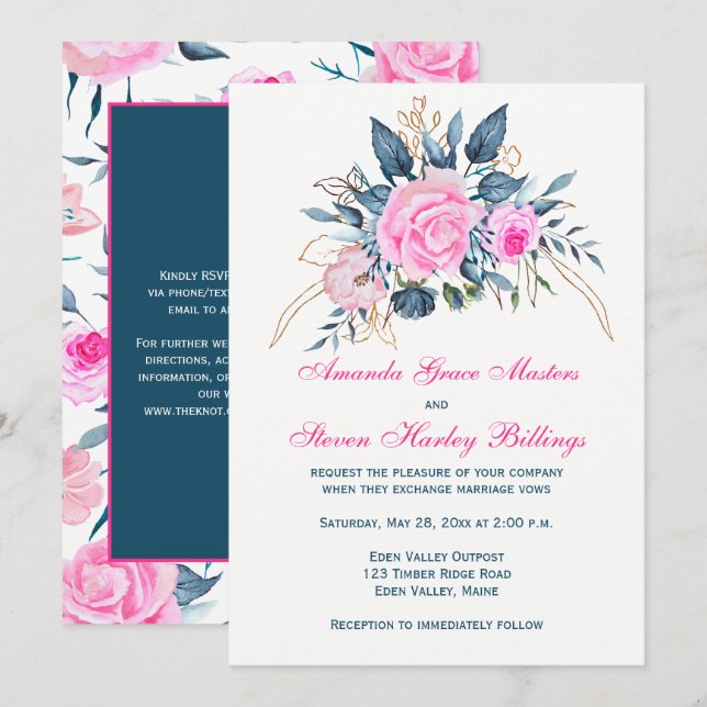 Invitación Azul índigo con rosas rosas rosas rosadas Invitaci (Anverso / Reverso)