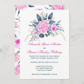 Invitación Azul índigo con rosas rosas rosas rosadas Invitaci