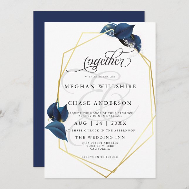 Invitación Azul índigo profundo moderno y doradoBarefootBride (Anverso / Reverso)