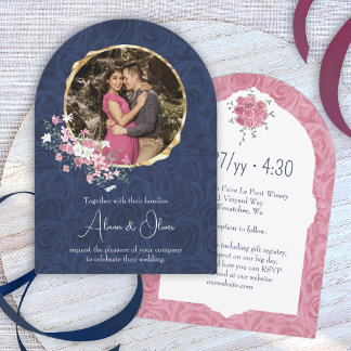 Invitación Azul Índigo, Rosas Rosa Malva, Marco Dorado Circul