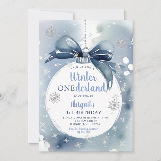 Invitación Azul Invierno Onederland Ornamento de Navidad Cump (Anverso)