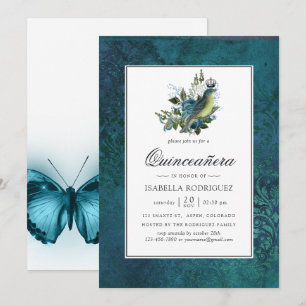 Invitación Azul Irisado Vintage Quinceañera Salvaje del Bosqu
