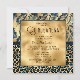 Invitación Azul Leopardo Tropical Impresión Shimmer Quinceañe
