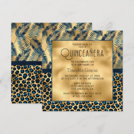 Invitación Azul Leopardo Tropical Impresión Shimmer Quinceañe
