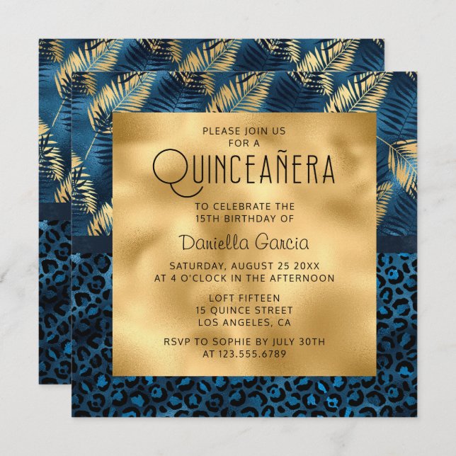 Invitación Azul Leopardo Tropical Impresión Shimmer Quinceañe (Anverso / Reverso)