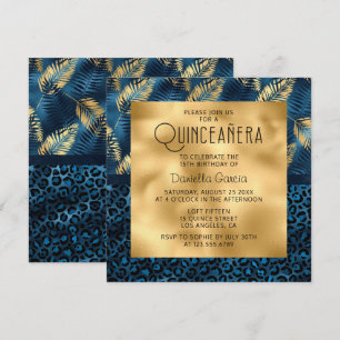 Invitación Azul Leopardo Tropical Impresión Shimmer Quinceañe