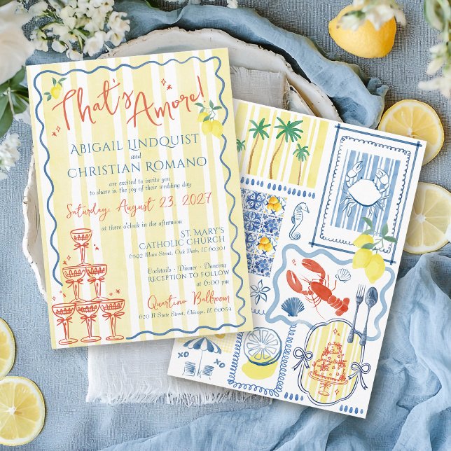 Invitación Azul limón italiano que es más Boda de mano (Colorful unique trendy That's Amore Love hand drawn Italian Amalfi Coast Italy wedding invitation)