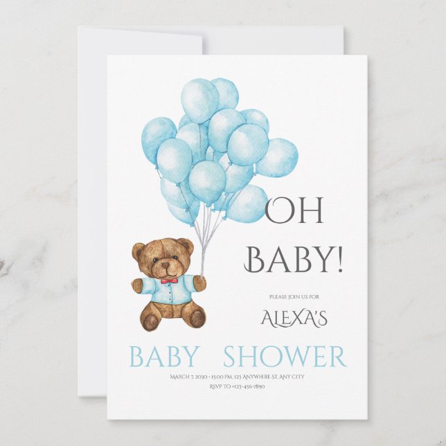 Invitación Azul lindo Oh ducha bebé con globo de oso Teddy (Anverso)