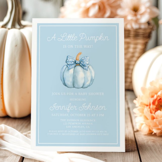 Invitación Azul lindo Un pequeño calabaza de la Baby Shower (Cute Blue A Little Pumpkin Boy Baby Shower Invitation)