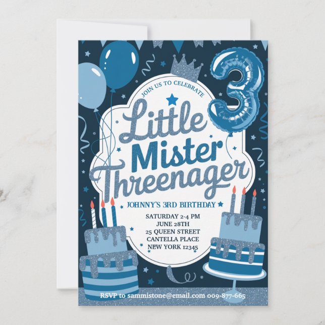 Invitación Azul Little Mr. Threenager para Niño (Anverso)
