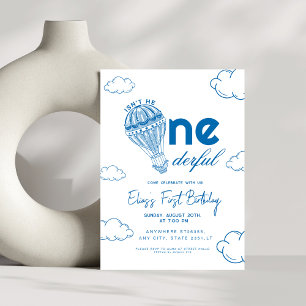 Invitación Azul Maravilloso Aire Caliente Niño Balón Primer C
