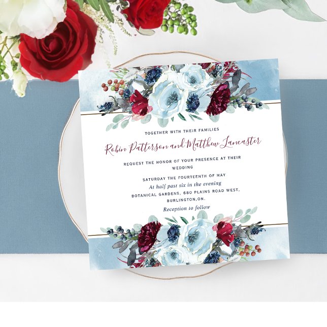 Invitación Azul, Marina Borgoña Rojo y Morado Boda Floral (Subido por el creador)