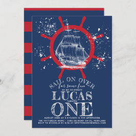 Invitación Azul marinero náutico de primer cumpleaños