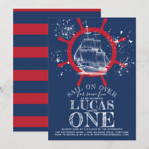 Invitación Azul marinero náutico de primer cumpleaños