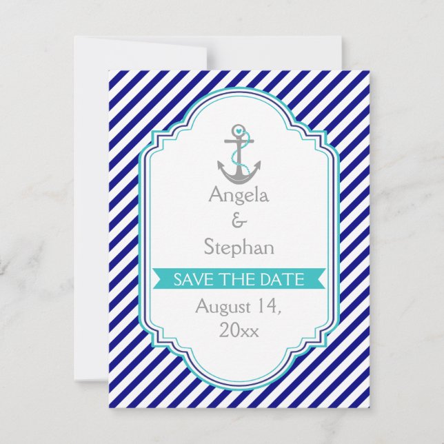 Invitación Azul marino, acuática boda náutica Salven la fecha (Anverso)