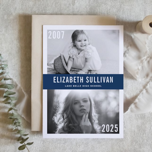 Invitación Azul marino ahora y luego graduación de Collage de (Customizable 'Then and Now' Photo Graduation Invitation with blue background – Personalized Invite
)