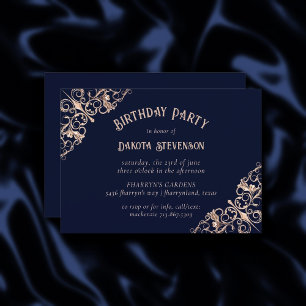 Invitación Azul marino Art Deco y Rubor   Geométrico