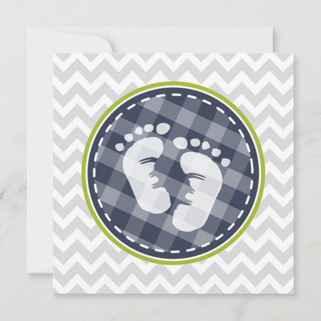Invitación Azul marino, Baby Shower Chevron gris verde limón (Anverso)